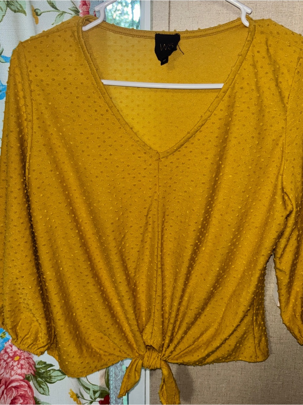 W5 Mustard Textured V-Neck Tie-Front Blouse